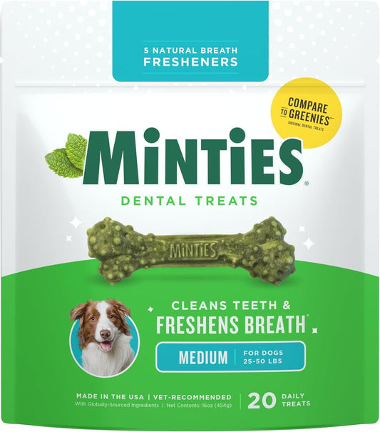 Dental Chews for Dogs, 20 Count, Vet-Recommended Mint-Flavored Dental Dog Treats for Medium Sizes 25-50 Lbs, Bones Clean Teeth, Fight Bad Breath, and Removes Plaque and Tartar