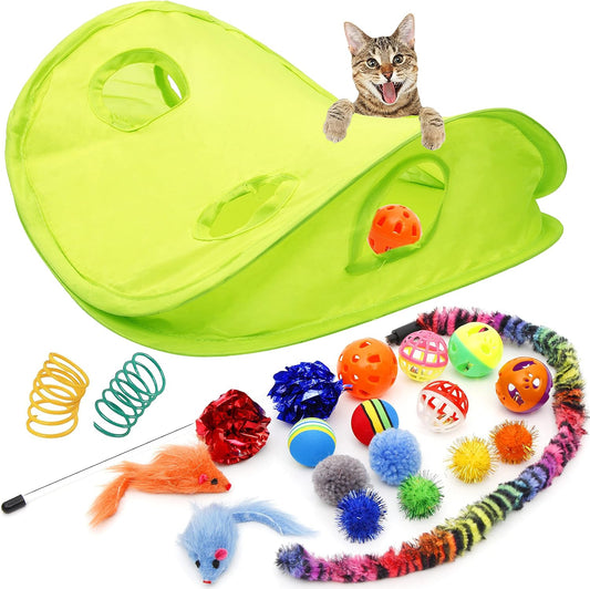 18 Cat Toys Assortments - Teaser Wand, Interactive Bell Toy, Sparkle Balls for Kitten, Puppy, Kitty (With Hide Seek Toy)